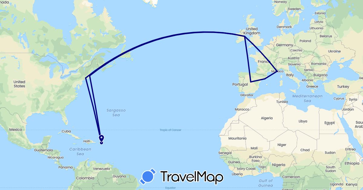 TravelMap itinerary: driving in Spain, France, Ireland, Monaco, United States (Europe, North America)